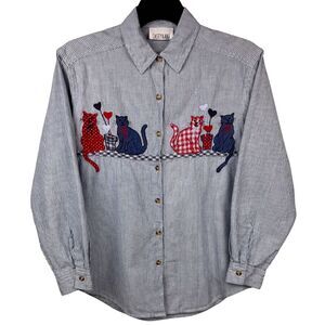 Vintage Casey & Max Shirt Embroidered Cat Button-Up Stripe Collar 90s Medium Y2K